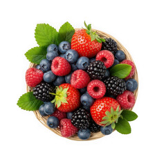 Obraz premium A woven basket overflowing with a vibrant assortment of fresh berries, isolated on transparent background