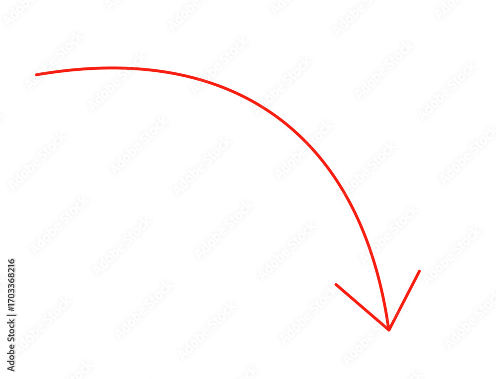 Poster a red curved arrow pointing downwards, isolated on transparent background