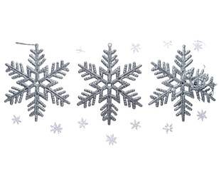 Three silver snowflakes, embellished with smaller white snowflakes, arranged in a horizontal row