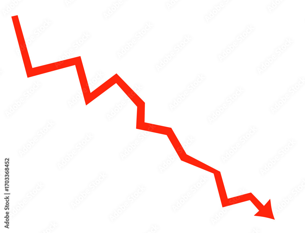 Poster red arrow graph showing downward trend isolated on transparent background