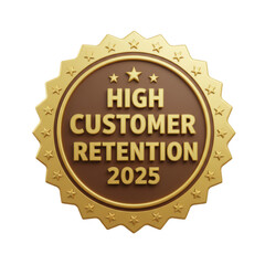 Golden emblem award recognizing high customer retention achievement for the year 2025 isolated on transparent background