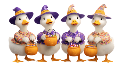 Four cute cartoon ducks dressed for halloween with candy buckets isolated on transparent background