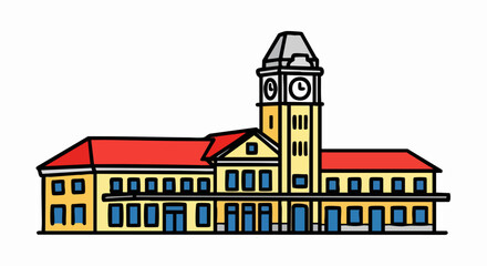 Cartoon Illustration of a Grand Train Station with Clock Tower.