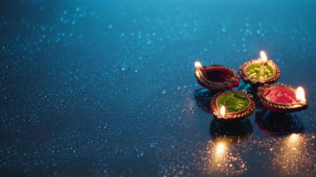 Burning Diwali candles with blue copy space