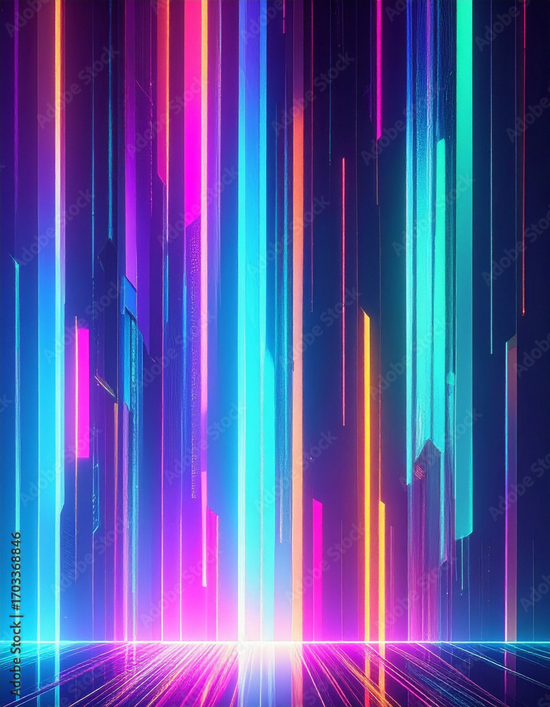 Poster abstract neon light lines in gradient colors on dark background with geometric glow