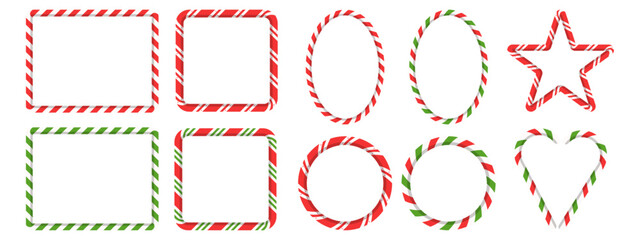 Christmas striped candy frame set. Red and green cane patterns for decorative borders, greeting cards, and banners. Rectangle, circle, star, and heart shapes in lollipop style.