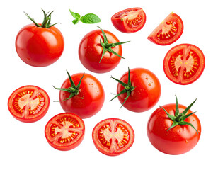 Fresh, vibrant tomatoes, whole and sliced, arranged on a dark background