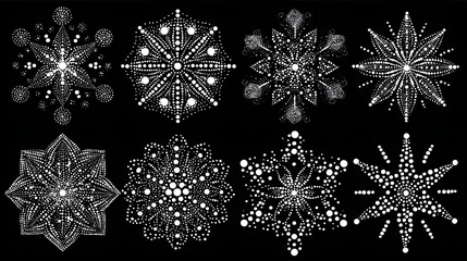 Set of dotted snowflakes on black background, white vector illustration suitable for print, clipart, and digital design projects
