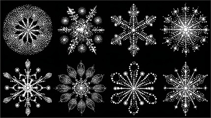 Set of dotted snowflakes on black background, white vector illustration suitable for print, clipart, and digital design projects
