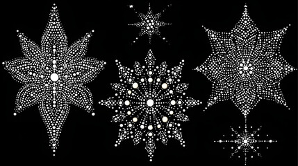 Set of dotted snowflakes on black background, white vector illustration suitable for print, clipart, and digital design projects
