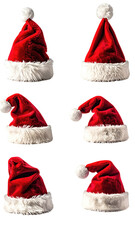 Nine red Santa hats in various angles.  Each hat has a white pom-pom top and white fur trim
