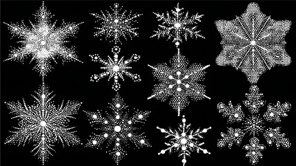 Set of dotted snowflakes on black background, white vector illustration suitable for print, clipart, and digital design projects
