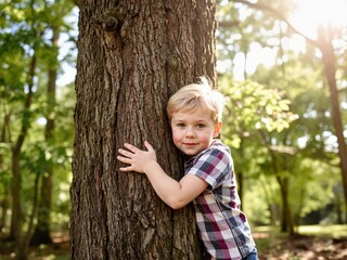 Young boy hugging tree while smiling in sunny forest setting  