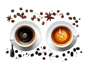 Two coffee cups, espresso and latte, on a black background with coffee beans and spices