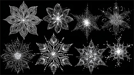 Set of dotted snowflakes on black background, white vector illustration suitable for print, clipart, and digital design projects
