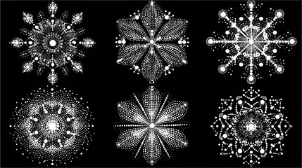 Set of dotted snowflakes on black background, white vector illustration suitable for print, clipart, and digital design projects
