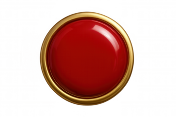 Glossy red button featuring golden frame, 3d rendered on transparent backdrop, optimized for digital interface design
