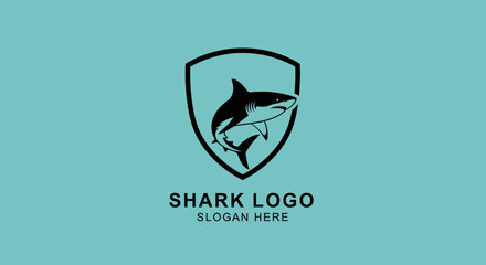 A modern shark logo template featuring a black and white shark inside a shield crest on a solid teal background.