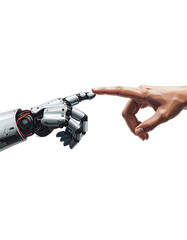 Robotic hand touching human hand, symbolizing future technology and human evolution