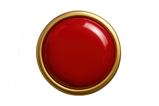 Glossy red button featuring golden frame, 3d rendered on transparent backdrop, optimized for digital interface design