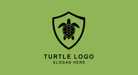 A black turtle silhouette inside a shield emblem, a concept for a logo design on a green background.