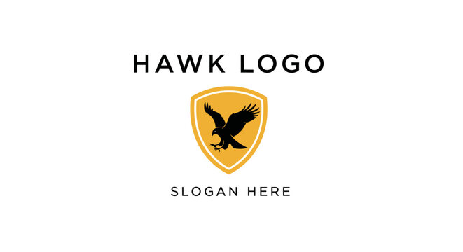 A modern logo design featuring a black hawk silhouette inside a golden yellow shield with sample text.