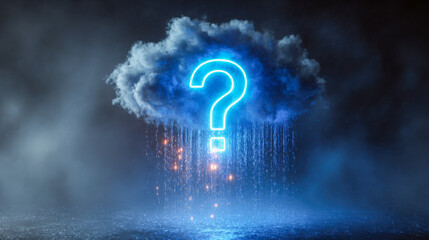 Dark storm cloud illuminated by glowing neon question mark raining down light particles over misty background symbolizing uncertainty and mystery concept