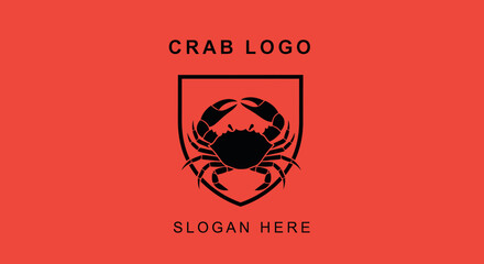 A black crab silhouette logo design inside a shield on a red background with placeholder text. © Yahya