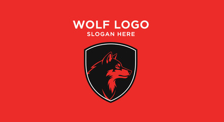 Fierce wolf head emblem on a bold red background, designed as a striking logo with placeholder text for a slogan.
