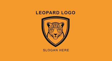 A stylized black outline leopard head logo design within a protective shield on a vibrant orange background, featuring placeholder text.