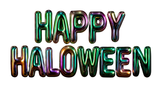 Happy halloween text made of shiny, iridescent balloons, isolated on transparent background