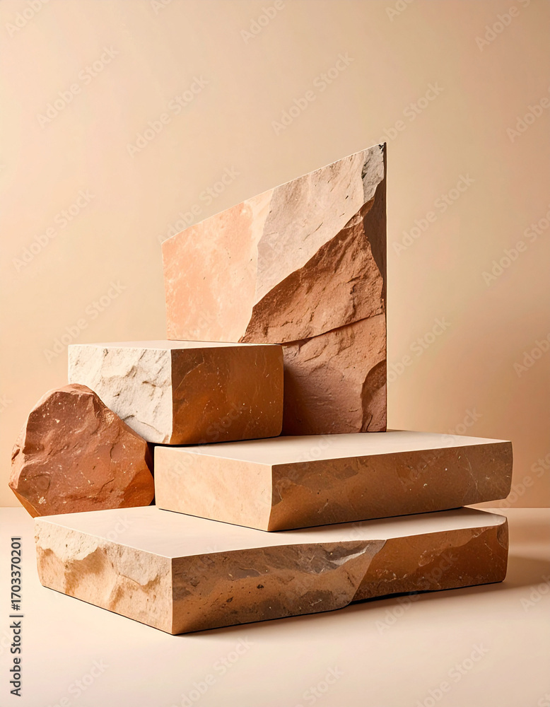 Aufkleber abstract rough stone blocks stacked on beige background for product display and studio shot