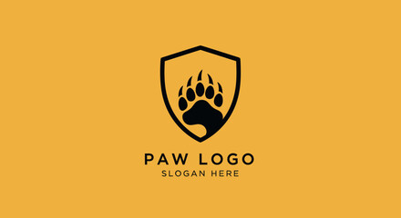 Modern animal paw print logo design featuring a protective shield on a warm yellow backdrop.
