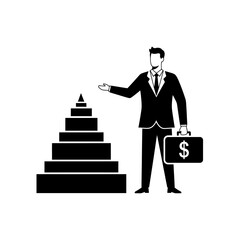 Businessman with briefcase standing next to a pyramid of steps