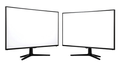 Two blank computer monitors, side-by-side, angled slightly outward, on black stands