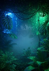 Mysterious tropical jungle with lush greenery and misty atmosphere perfect for adventure and exploration themes