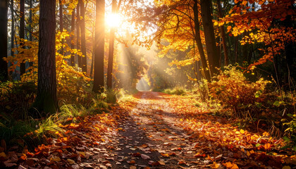 Sunlight streams through autumn trees illuminating a forest path with fallen leaves.