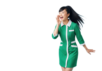  A young woman shouting and making an announcement, isolated on a transparent background.