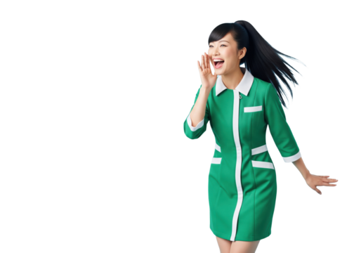  A young woman shouting and making an announcement, isolated on a transparent background.