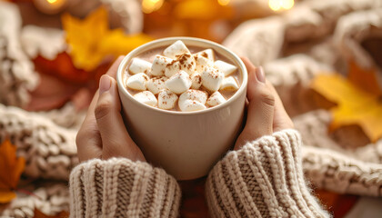Hands holding a mug of hot chocolate with marshmallows surrounded by autumn leaves.