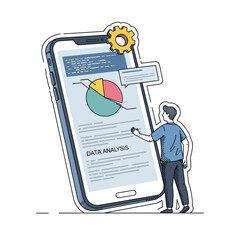 Man analyzing data on a smartphone screen with charts and graphs
