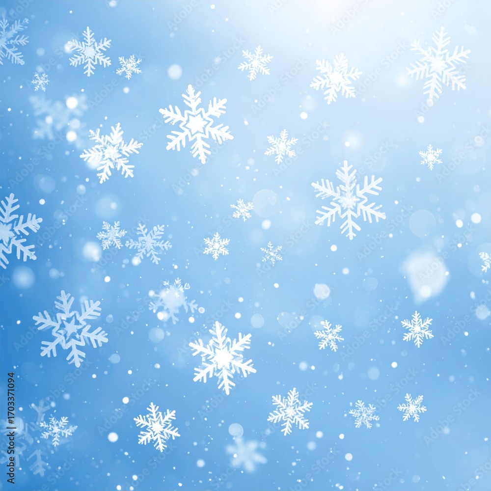 Poster delicate snowflakes falling on soft blue winter background with bokeh effect