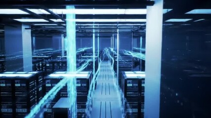 Dynamic digital data streams flow through a modern server room, symbolizing advanced technology, global connectivity, and high-speed data processing in a futuristic data center environment. - Powered by Adobe