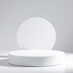 Minimalist White Product Display Stand Two Cylindrical Podiums with Round Backdrop