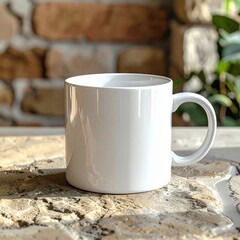 White Ceramic Mug on Stone Surface with Brick Background and Sunlight