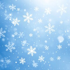 Delicate Snowflakes Falling On Soft Blue Winter Background With Bokeh Effect