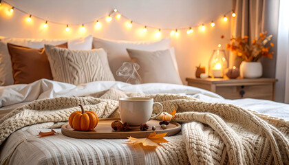 Cozy bedroom scene with bed tray pumpkin and warm lighting creating a relaxing atmosphere.
