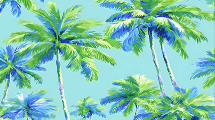 Seamless tropical palm tree pattern in blue and green shades, suitable for fabric prints, wallpapers, and summer-themed digital designs
