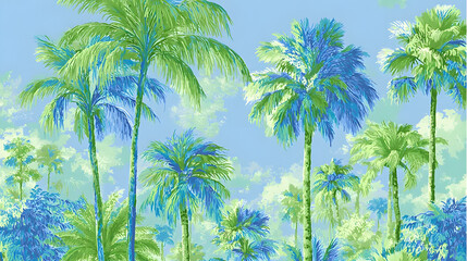Seamless tropical palm tree pattern in blue and green shades, suitable for fabric prints, wallpapers, and summer-themed digital designs
