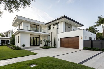 Large house with a white exterior and a black garage door